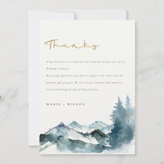 Grey Blush Green Blue Mountains Pine Wedding Dankeskarte (Vorderseite)