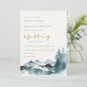 Grey Blush Green Blue Mountains Pine Wedding Einladung (Stehend Vorderseite)