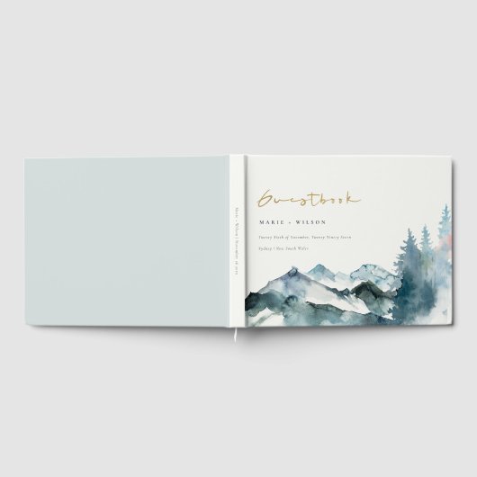 Grey Blush Green Blue Mountains Pine Wedding Gästebuch (Voll)
