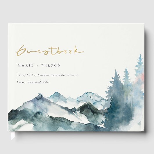 Grey Blush Green Blue Mountains Pine Wedding Gästebuch (Vorderseite)