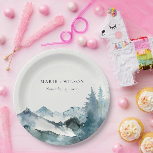 Grey Blush Green Blue Mountains Pine Wedding Pappteller (Party)