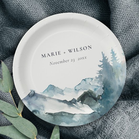 Grey Blush Green Blue Mountains Pine Wedding Pappteller