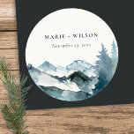 Grey Blush Green Blue Mountains Pine Wedding Runder Aufkleber<br><div class="desc">Wenn Sie weitere Anpassungen benötigen,  schreiben Sie mir bitte an yellowfebstudio@gmail.com.</div>