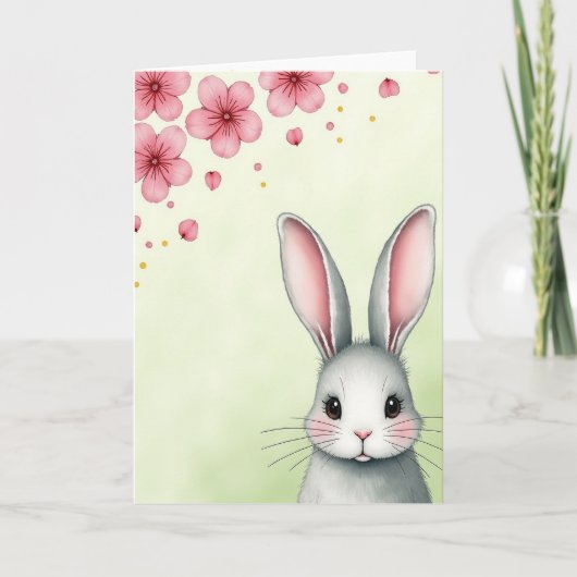Grey Bunny Pink Petals Card Karte (Vorderseite)