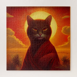 Grey Cat Wearing Fashionable Robe In Sunset Scene Puzzle