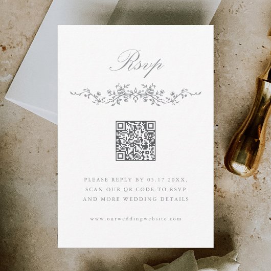 Grey Classic French Floral Border Wedding RSVP Karte