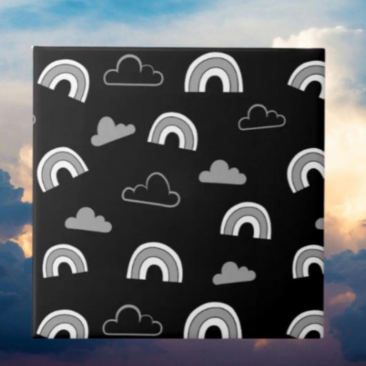 Grey Clouds and Rainbows on Black Ceramic Tile Fliese