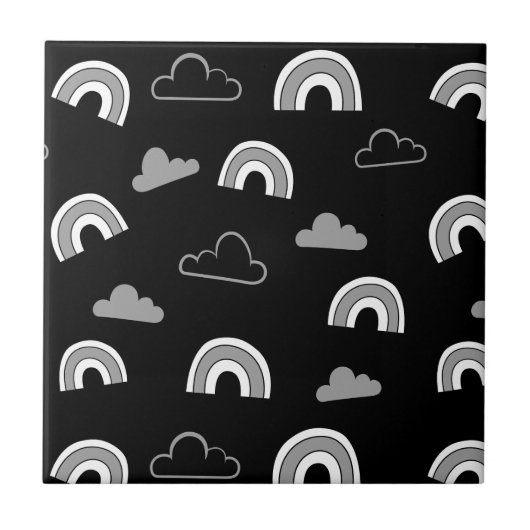 Grey Clouds and Rainbows on Black Ceramic Tile Fliese (Vorderseite)