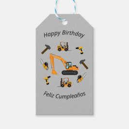 Grey Construction Boy Birthday Bilingual Thanks Geschenkanhänger