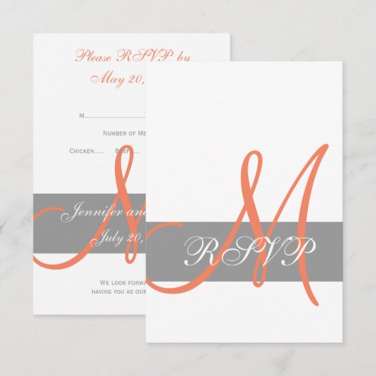 Grey Coral Monogram Wedding RSVP Card (Vorne/Hinten)