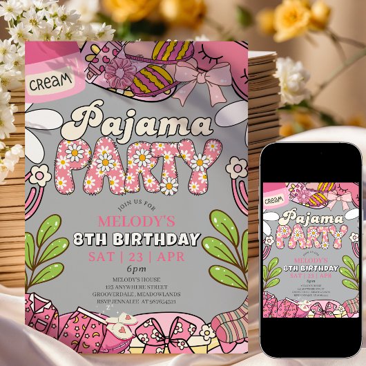 Grey Daisy Pajama Party Birthday Invitation Einladung