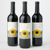 Grey Damask Yellow Sunflower Wedding Danke Weinetikett (Flaschen)