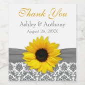 Grey Damask Yellow Sunflower Wedding Danke Weinetikett (Einzelnes Label)
