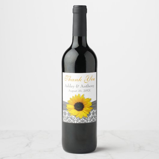 Grey Damask Yellow Sunflower Wedding Danke Weinetikett (Vorderseite)