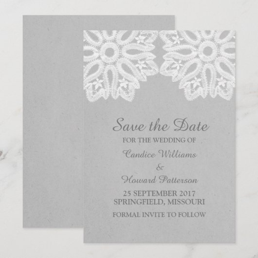 Grey Elegant Lace Save the Date laden (Vorne/Hinten)