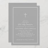 Grey First Holy Communion Pink Cross Simple Frame Einladung (Vorne/Hinten)