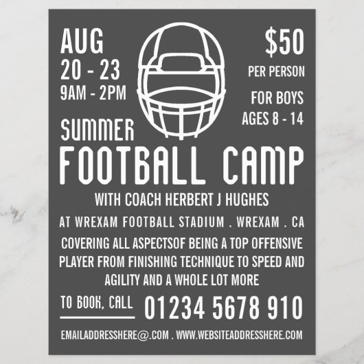 Grey Football Helmet, Football Camp Advertising Flyer (Vorne)