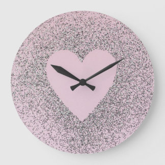 Grey Glitter Canvas Art with Pink Heart Große Wanduhr