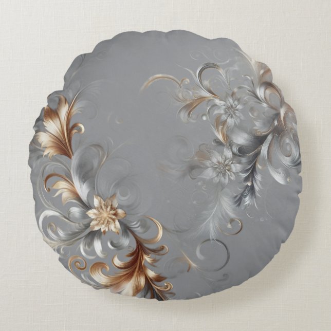 Grey, Gold and Silver Luxe Round Pillow Rundes Kissen (Vorderseite)