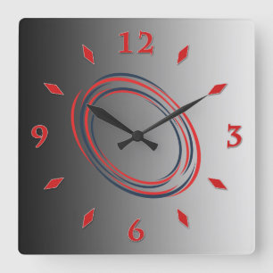 Grey gradient, red dial. square wall clock quadratische wanduhr