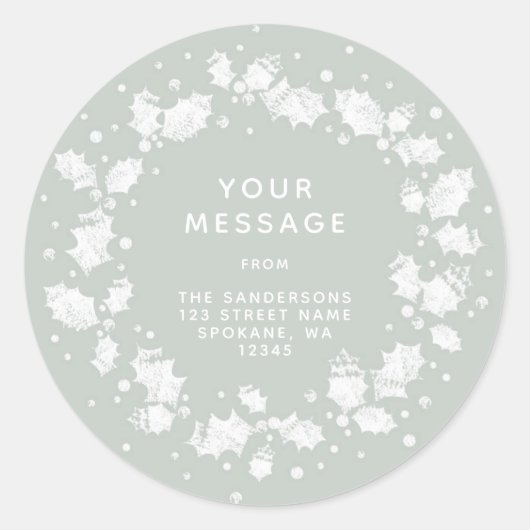 Grey Green Christmas Holly Wreath Rücksendeadresse Runder Aufkleber (Vorderseite)