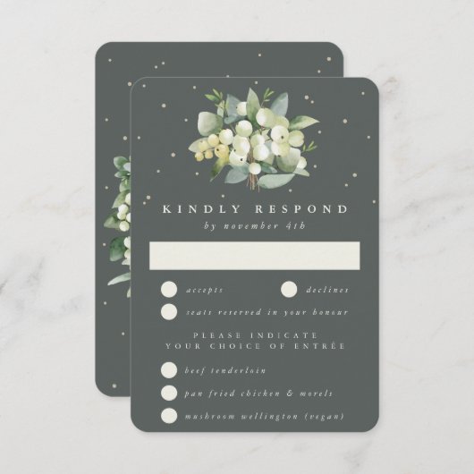Grey Green Snowberry+Eucalyptus Bouquet Wedding RSVP Karte (Vorne/Hinten)