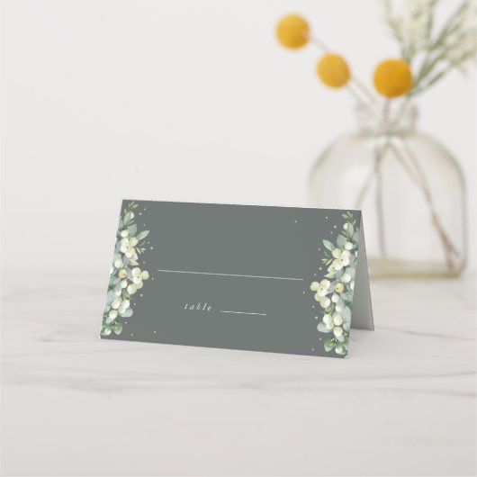 Grey Green Snowberry+Eucalyptus Wedding Platzkarte (Vorderseite)