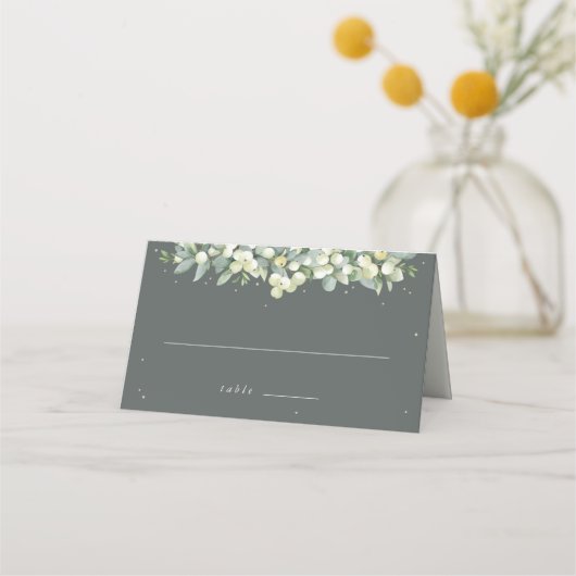 Grey Green Snowberry+Eucalyptus Wedding Platzkarte (Vorderseite)