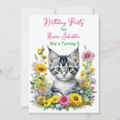 Grey Kitten Themed Floral Girl's Birthday Party Einladung (Vorderseite)