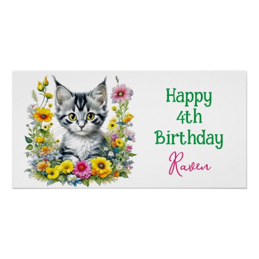Grey Kitten Themed Girl's Birthday Party Einladung Poster (Vorderseite)