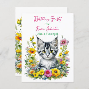 Grey Kitten Themed Girl's Birthday Party Einladung Postkarte