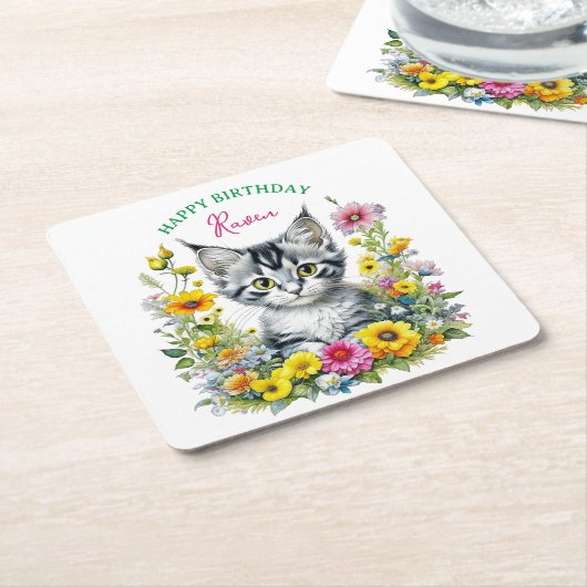 Grey Kitten Themed Girl's Birthday Party Einladung Rechteckiger Pappuntersetzer (angewinkelt)