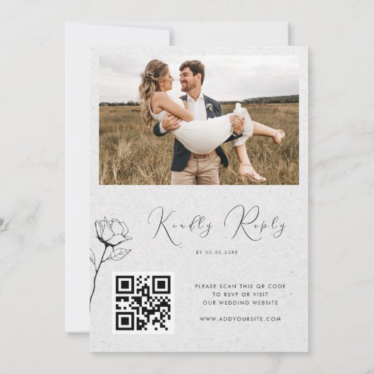 Grey Kraft Look Gezeichnet Rose QR Code UAWG Weddi Einladung (Rückseite)