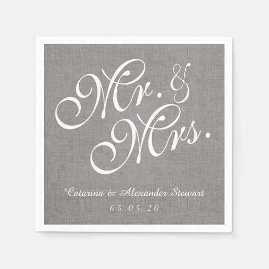 Grey Linen Mr. and Mrs Wedding Paper Napkins Serviette (Vorderseite)