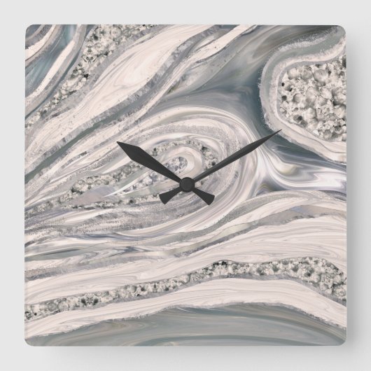 Grey liquid marble and crystal - pearl and silver quadratische wanduhr (Vorderseite)