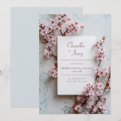 Grey Marble Pink Sakura Botanical Frame Wedding Einladung (Vorne/Hinten)