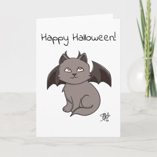 Grey Mischievous Vampire Cat Happy Halloween Karte (Vorderseite)