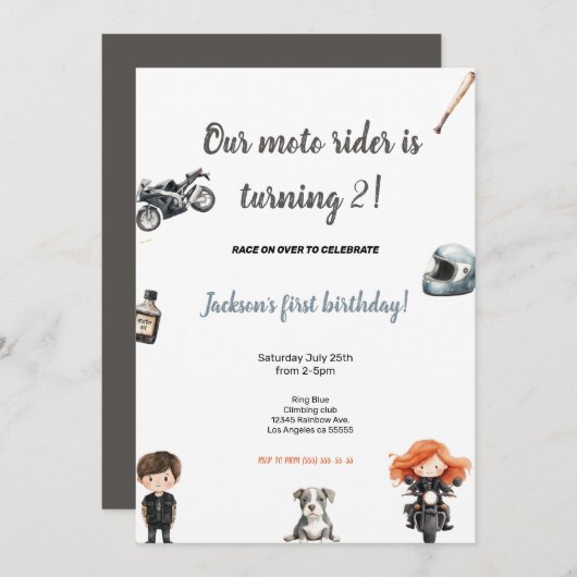 GREY MOTO RIDERS BIRTHDAY PARTY INVITATION EINLADUNG (Vorne/Hinten)