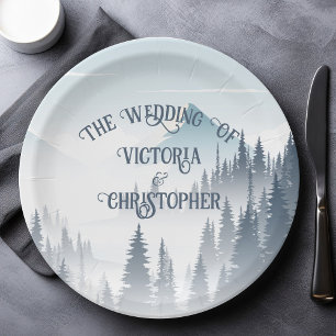 Grey Mountain Fog Forest Wilderness Winter Wedding Pappteller