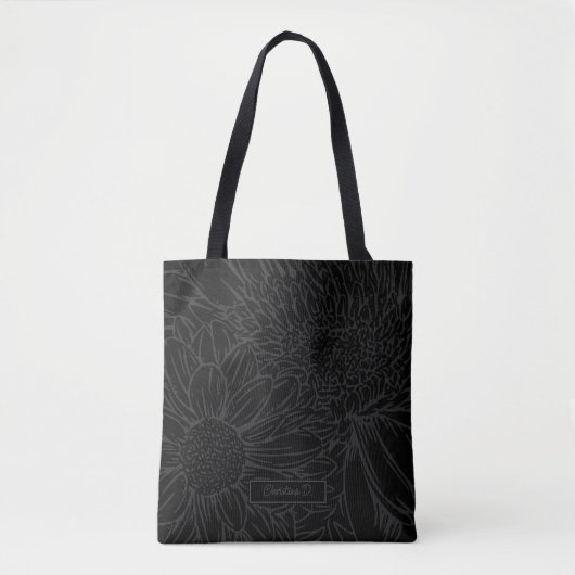 Grey on Black with Name and Chrysanthemums Tasche (Vorderseite)