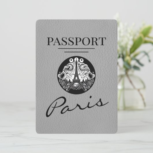 Grey Paris Passport Save the Date (Stehend Vorderseite)