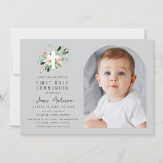Grey photo arch first holy communion invitation einladung