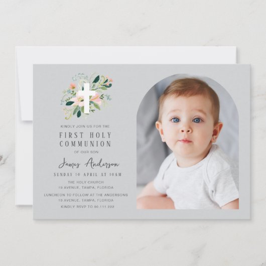 Grey photo arch first holy communion invitation einladung (Vorderseite)