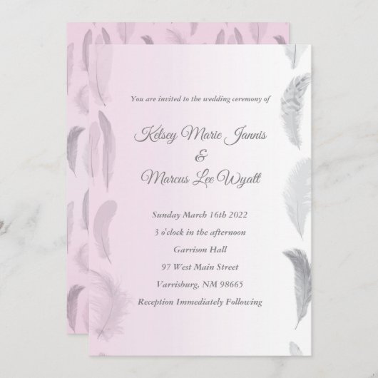 Grey Pink Feather Wedding Einladung (Vorne/Hinten)