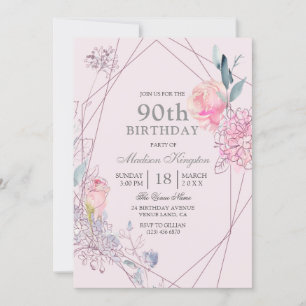 Grey & Pink Floral Geometric 90. Geburtstagsparty Einladung