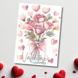 Grey pink rose jar Happy Valentines Day Feiertagskarte