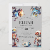 Grey Robots Tech Gear Builder Birthday Party Einladung (Vorderseite)