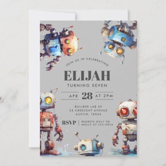Grey Robots Tech Gear Builder Birthday Party Einladung (Vorderseite)