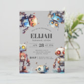 Grey Robots Tech Gear Builder Birthday Party Einladung (Stehend Vorderseite)