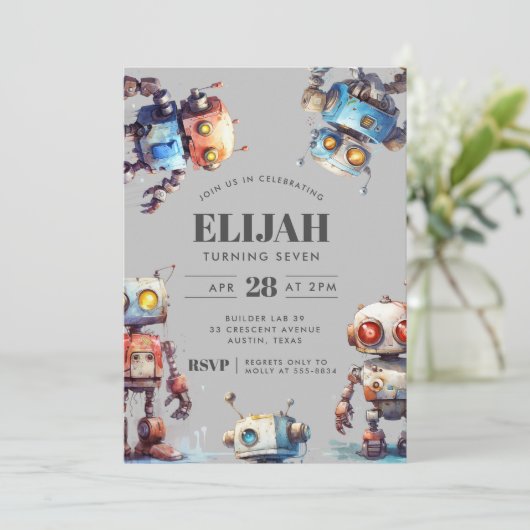 Grey Robots Tech Gear Builder Birthday Party Einladung (Stehend Vorderseite)